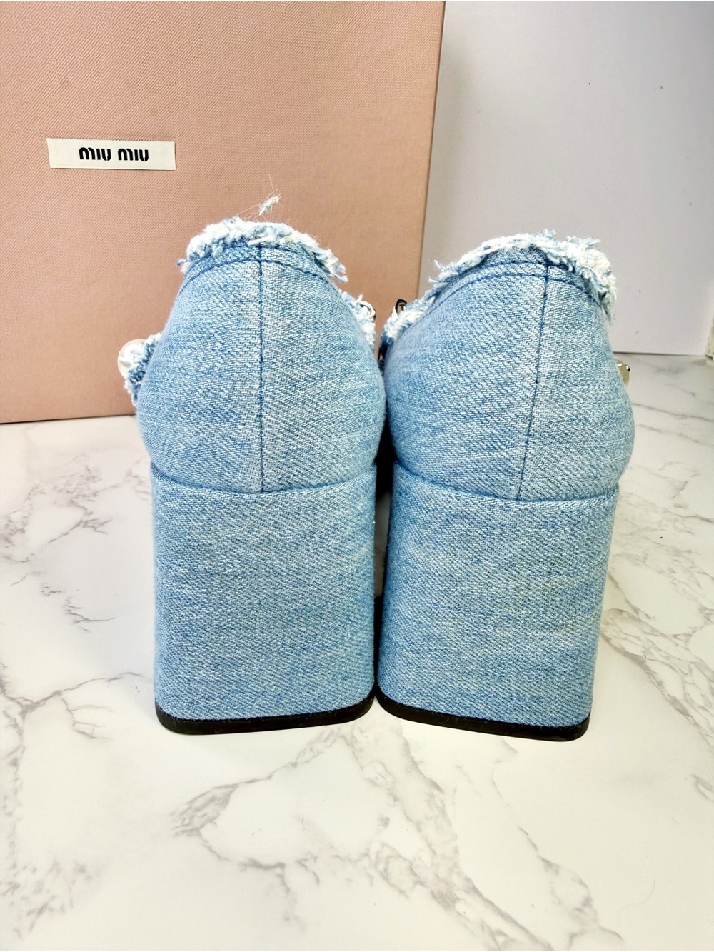 Miu Miu Decollette Denim Mary Jane Block Heels with Pearl Chain - Picture 5 of 15